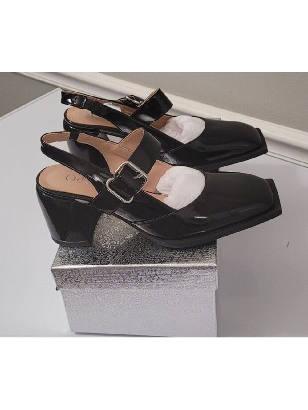 Odetina Women Mary Jane Black Patent Leather Slingback Block Heel Shoes Size 6